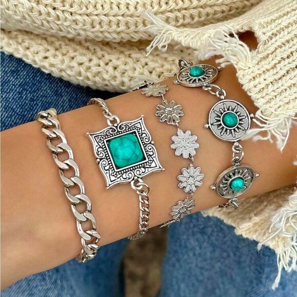 Silver Turquoise Festival Bracelet Set of 4 - Picture 2 of 4